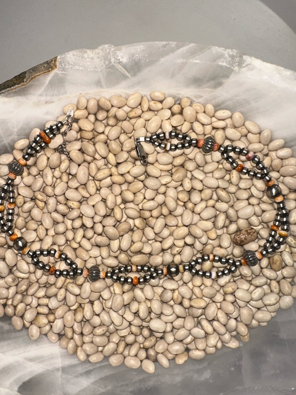 Authentic Sterling Silver Navajo Pearls and Orange Spiny Oyster Choker Necklace